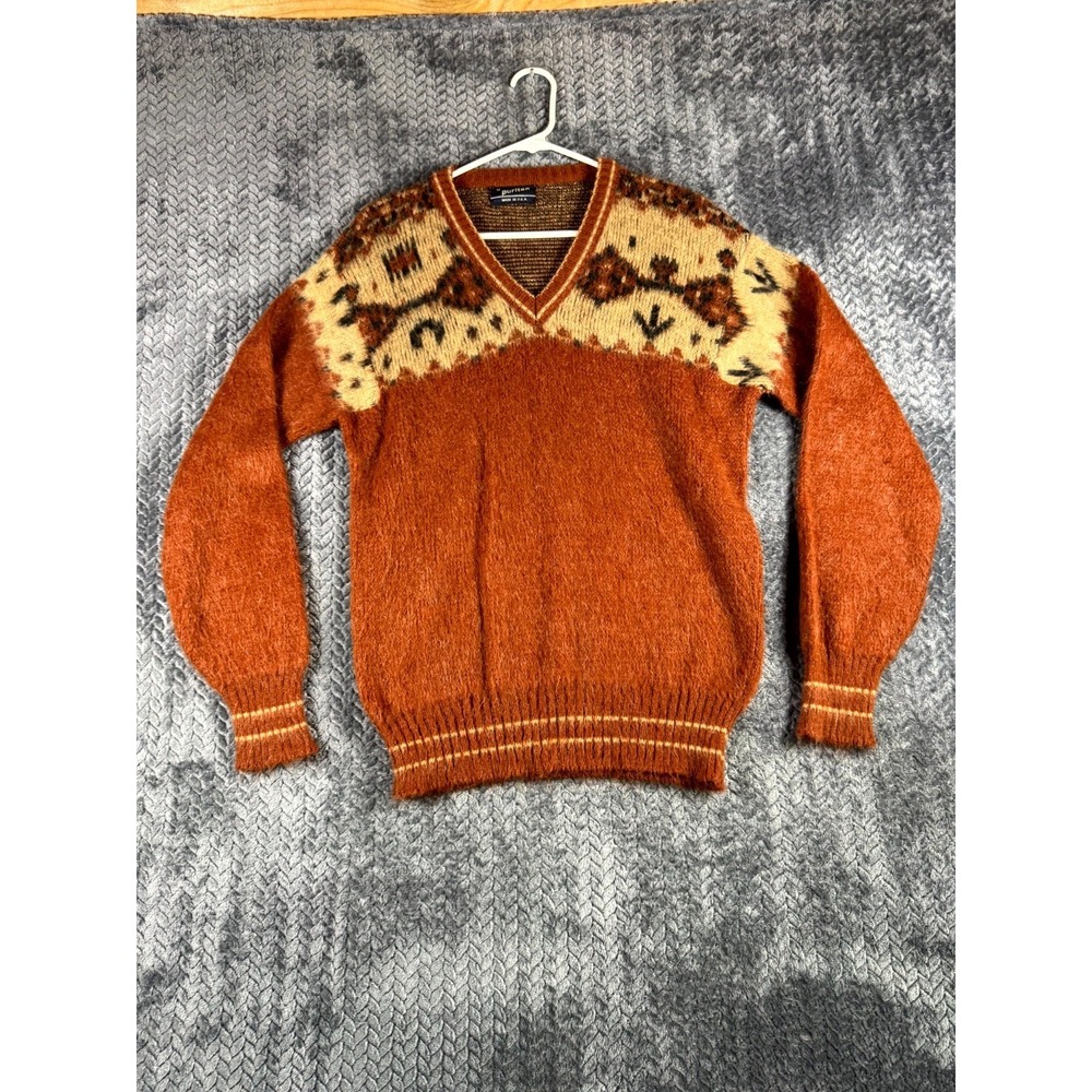 Vintage Puritan Mohair Sweater Mens M Multicolor Nordic V Neck Tight Knit Ribbed